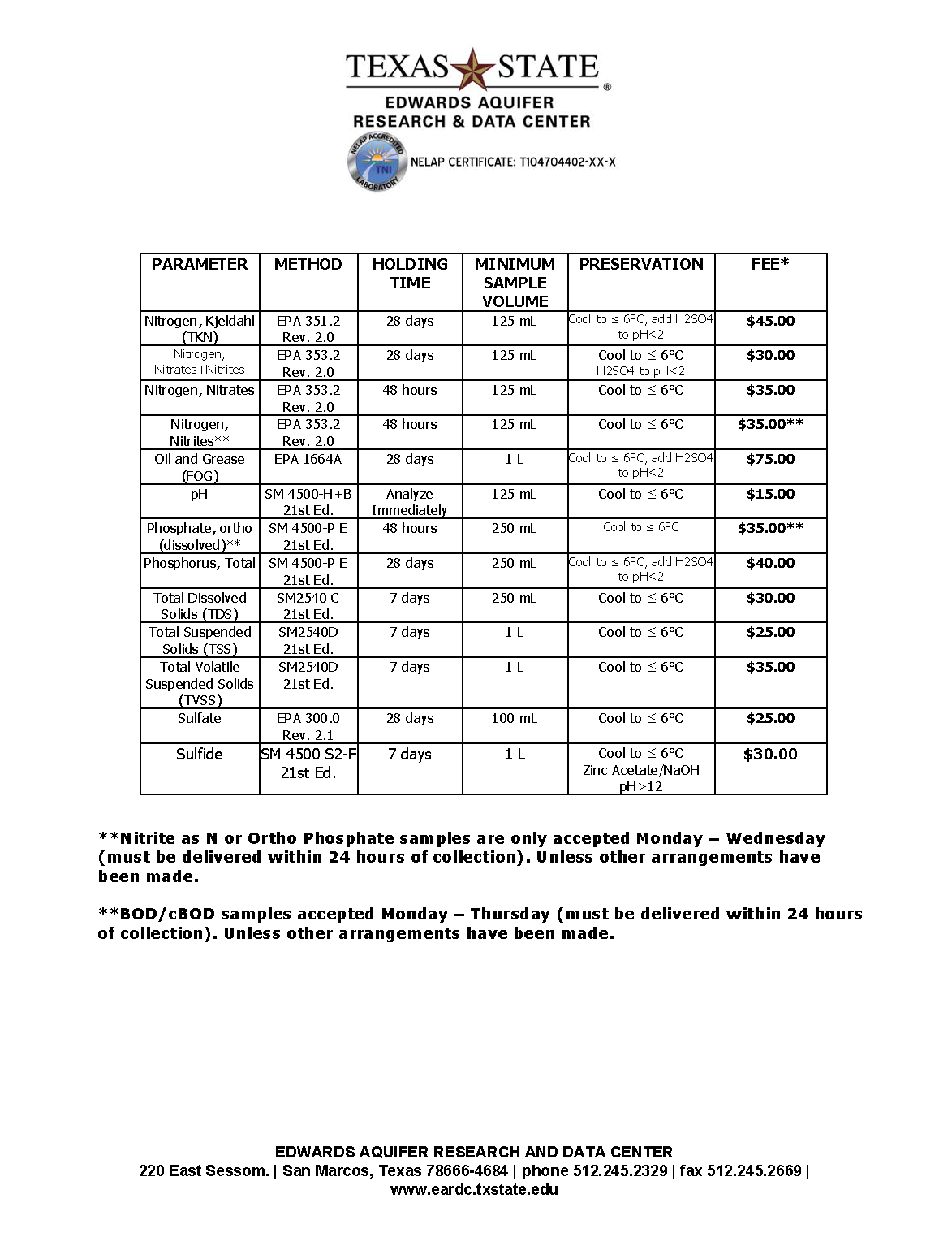 Microbial Forms and Lab Fee Schedule Edwards Aquifer Research & Data